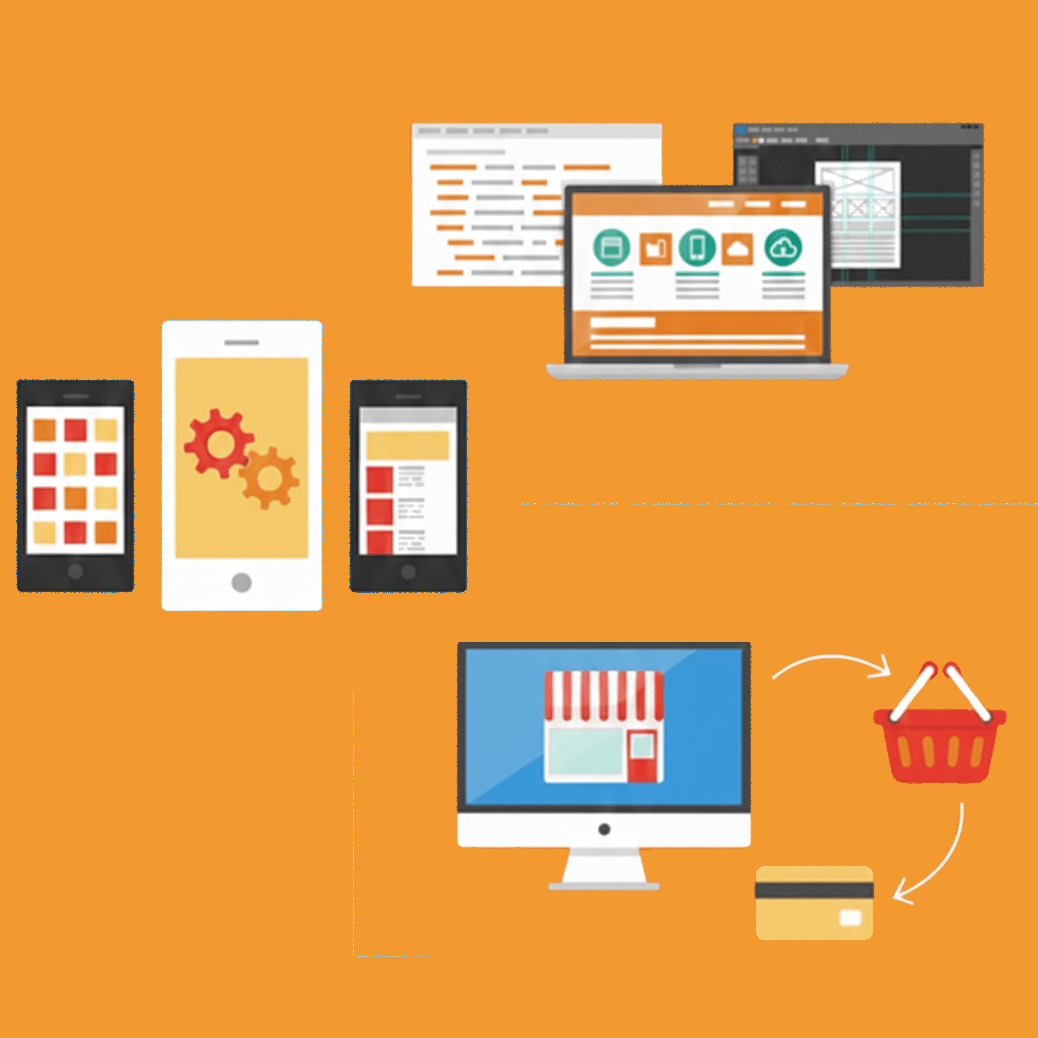 Conception de sites vitrines modernes par Alpidev : interface responsive sur fond orange dynamique.